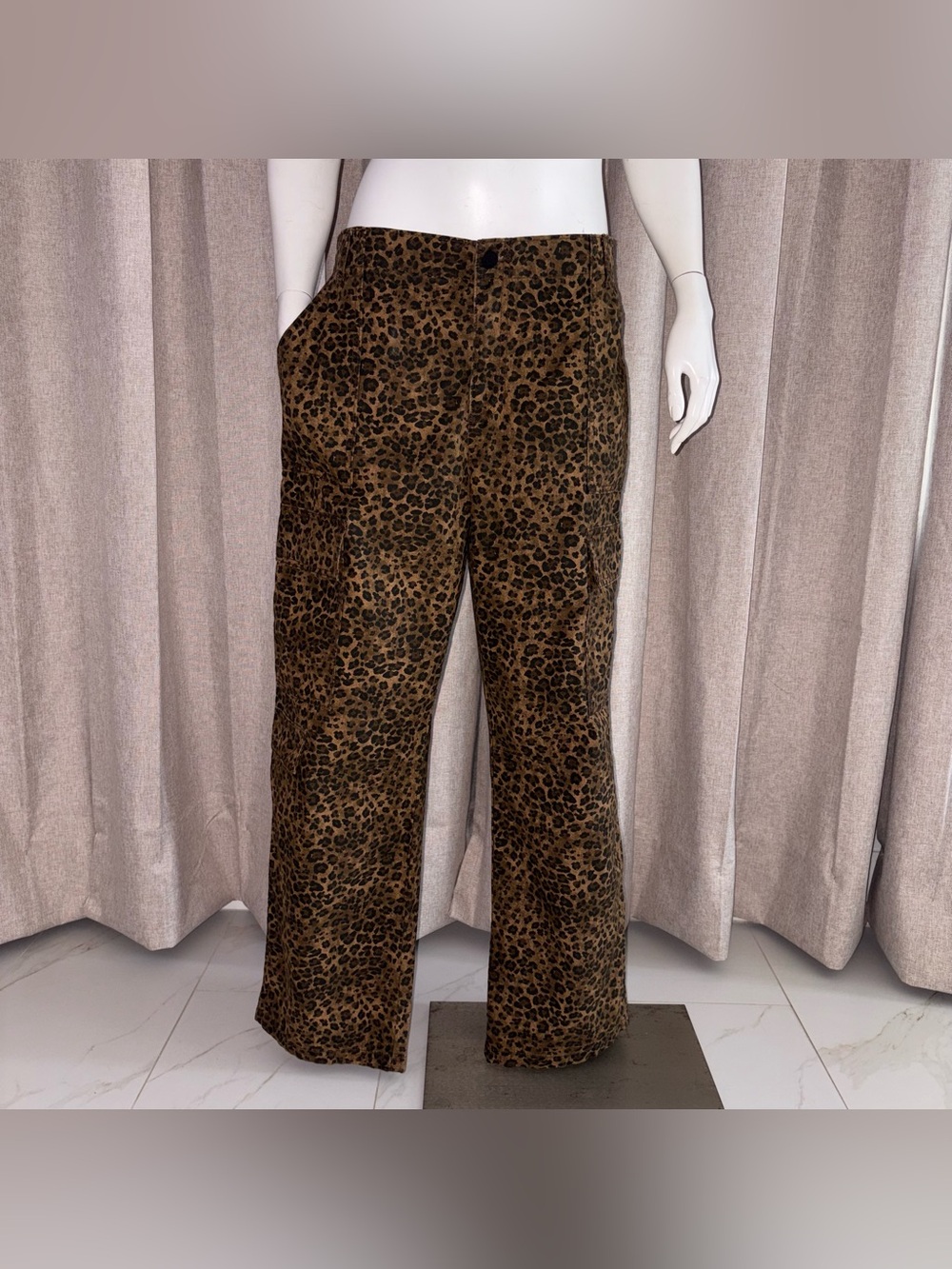 NO BOUNDARIES SZ L 12/14 100%cotton CARGO Leopard Print Wide-Leg Pants - Brown